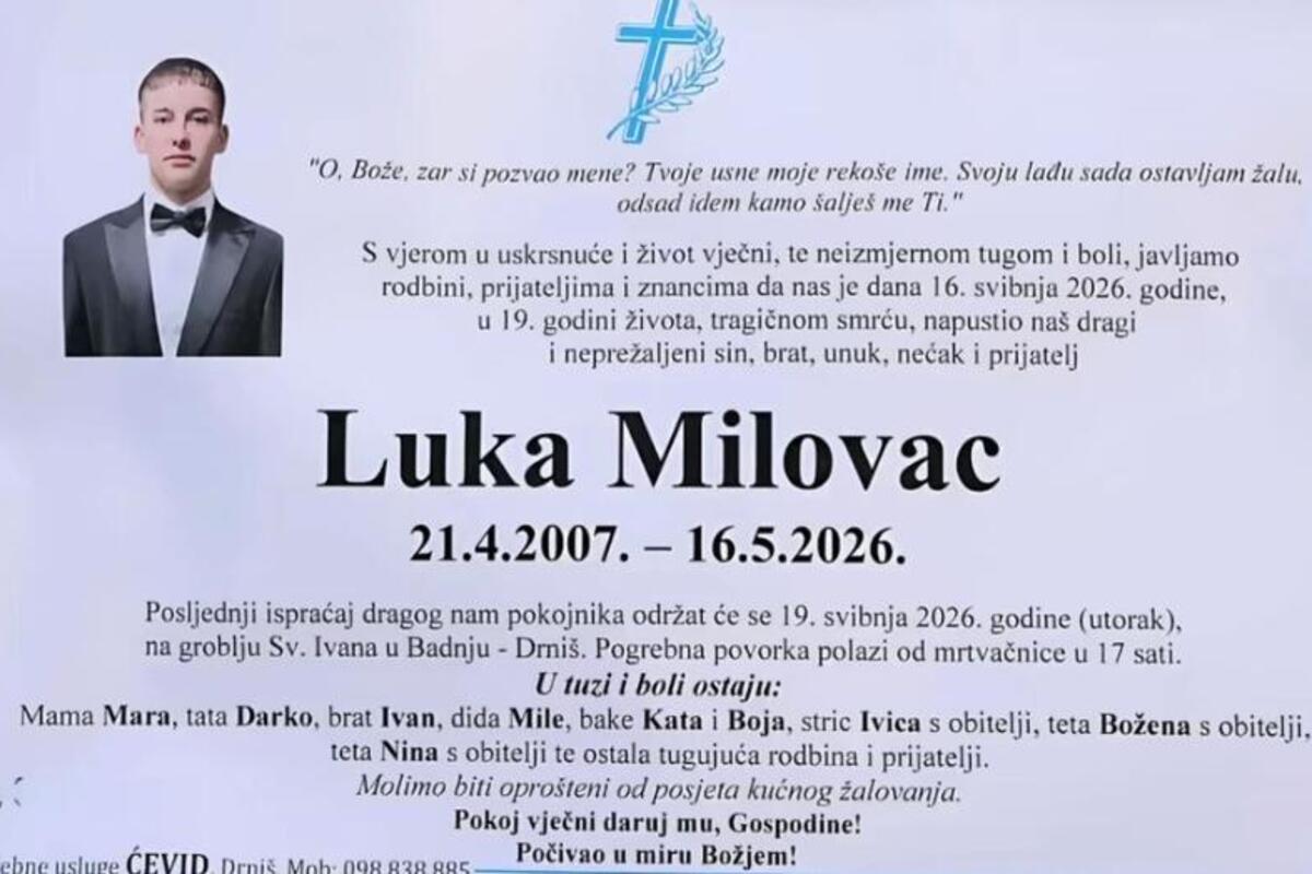 Drniš zavijen u crno zbog ubistva nedužnog Luke Milovca